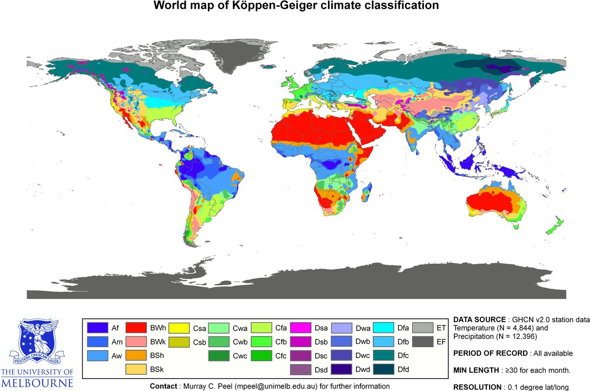 Mapa klimatów świata w klasyfikacji Köppena-Geigera: strefy układają się równoleżnikowo (od równikowych A przez suche B, umiarkowane C i D, po polarne E), modyfikowane przez oceany i rzeźbę. · źródło: Peel, Finlayson i McMahon, Wikimedia Commons, CC BY-SA 3.0
