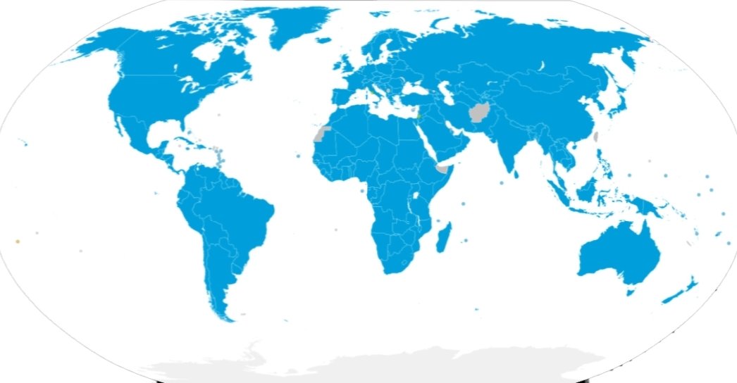 Państwa świata (193 członków ONZ): polityczna mapa świata to mozaika suwerennych państw — choć status niektórych terytoriów (Kosowo, Tajwan, Palestyna) bywa sporny. · źródło: 가매인, Wikimedia Commons, CC0