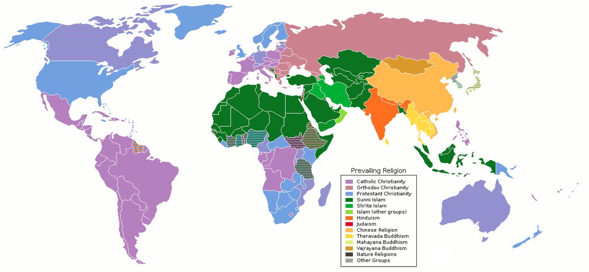 Dominujące religie świata: wielkie religie monoteistyczne (chrześcijaństwo, islam) wywodzą się z Bliskiego Wschodu, religie wschodnie (hinduizm, buddyzm) z Azji Południowej i Wschodniej. · źródło: LilTeK21 i in., Wikimedia Commons, CC BY-SA 3.0