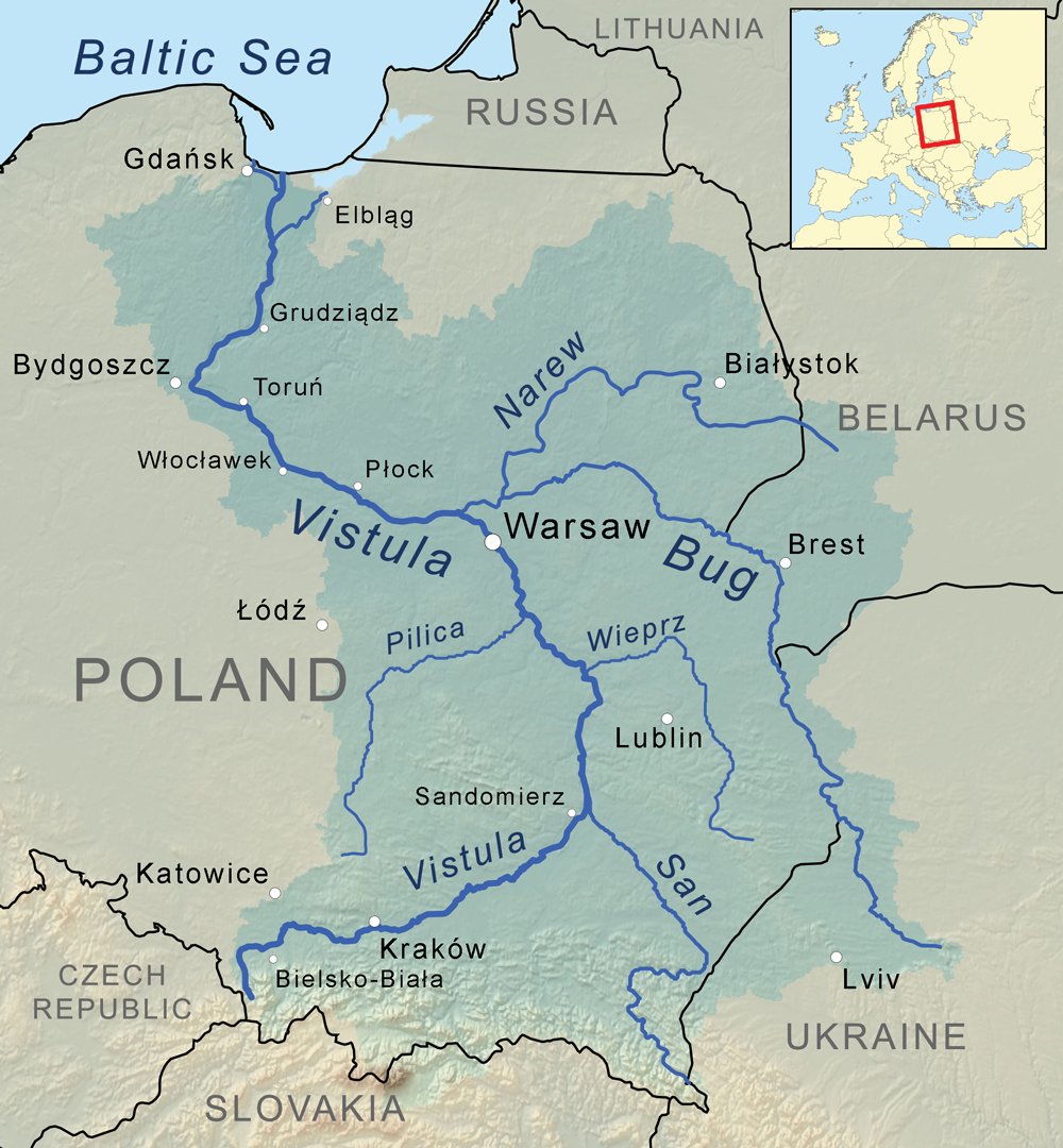 Dorzecze Wisły — największej rzeki Polski, odwadniającej blisko dwie trzecie kraju; wraz z Odrą tworzy główny system rzeczny niosący wody do Bałtyku. · źródło: Kmusser, Wikimedia Commons, CC BY-SA 3.0