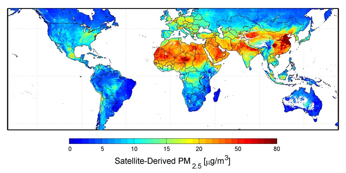 Globalne stężenie pyłu zawieszonego PM2.5: najwyższe zanieczyszczenie powietrza notują gęsto zaludnione, uprzemysłowione regiony Azji Południowej i Wschodniej oraz Bliskiego Wschodu. · źródło: NASA, Wikimedia Commons, domena publiczna