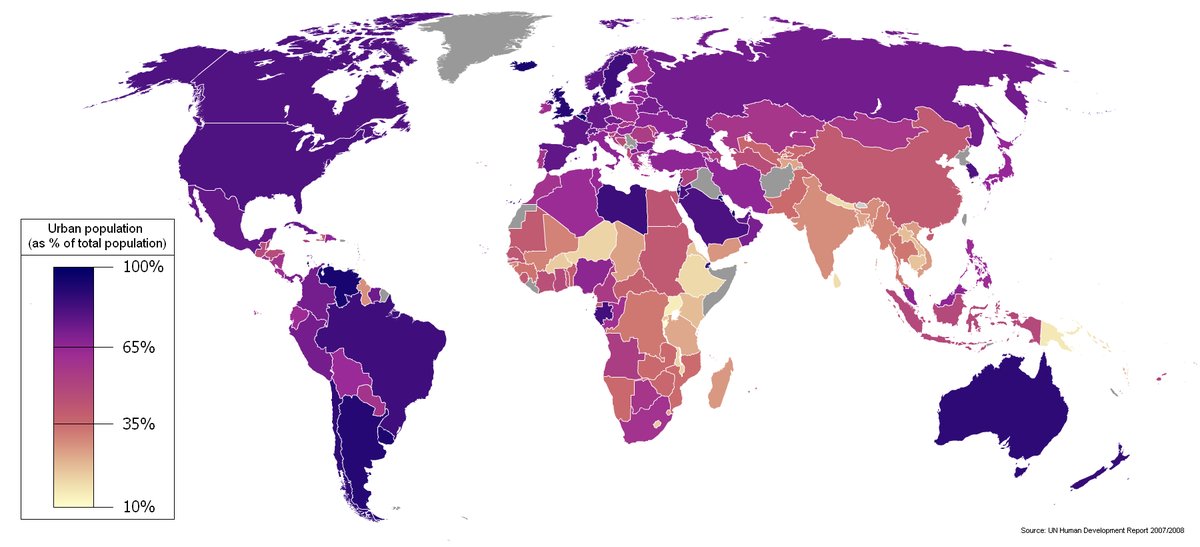 Poziom urbanizacji na świecie (odsetek ludności miejskiej, 2005): najwyższy w obu Amerykach, Europie i Australii, najniższy w Afryce i części Azji. · źródło: Sbw01f, Wikimedia Commons, CC BY-SA 3.0