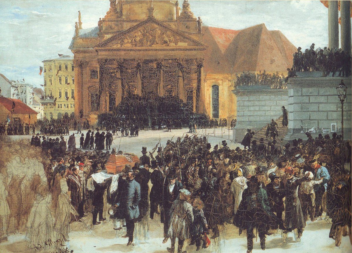 Wystawienie ofiar rewolucji marcowej w Berlinie 1848 (Adolph von Menzel). Wiosna Ludów to fala rewolucji, która w 1848 r. ogarnęła niemal całą Europę. · źródło: Adolph von Menzel, Wikimedia Commons, domena publiczna