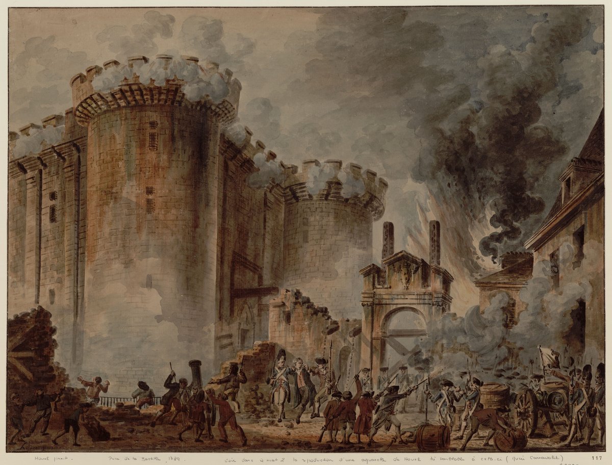 Szturm na Bastylię, 14 lipca 1789 (akwarela Jean-Pierre’a Houëla). Zdobycie paryskiej twierdzy-więzienia stało się symbolicznym początkiem rewolucji francuskiej. · źródło: Jean-Pierre Houël, Wikimedia Commons, domena publiczna
