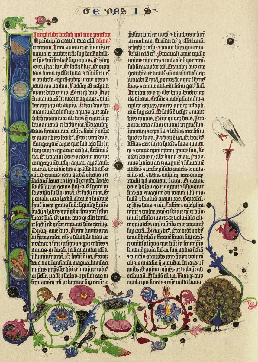 Strona Biblii Gutenberga (ok. 1455) — pierwszej książki drukowanej ruchomą czcionką. Druk wielokrotnie obniżył koszt książki i przyspieszył obieg wiedzy w całej Europie. · źródło: Staatsbibliothek Berlin, Wikimedia Commons, domena publiczna