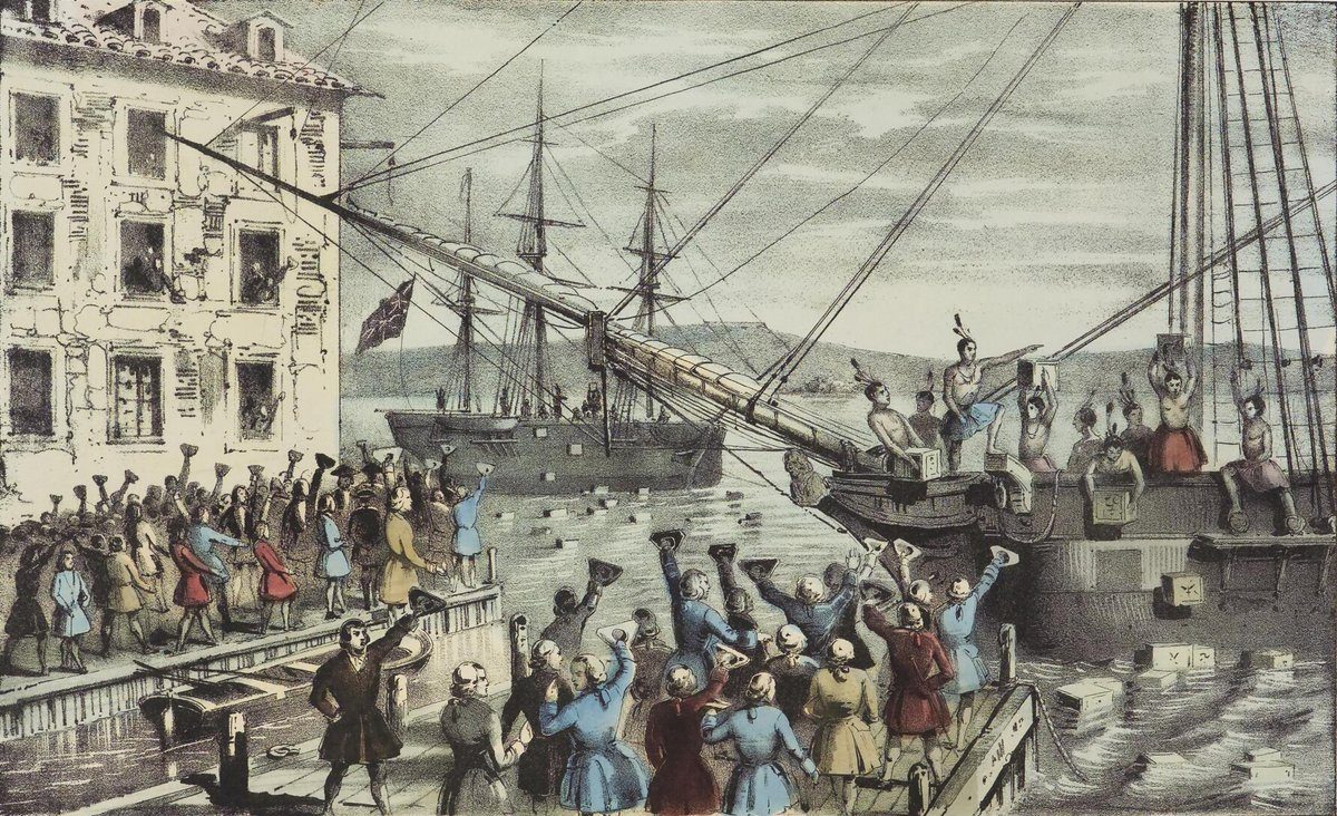 „Herbata bostońska” (1773) — koloniści wyrzucają do morza ładunek herbaty w proteście przeciw podatkom bez reprezentacji. Iskra rewolucji amerykańskiej. · źródło: Nathaniel Currier, Wikimedia Commons, domena publiczna