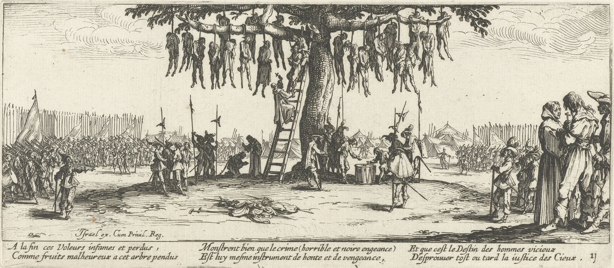 „Powieszenie” — akwaforta Jacques’a Callota z cyklu „Nędze wojny” (1633). Wojna trzydziestoletnia przyniosła grabieże, głód i wyludnienie znacznych obszarów Niemiec. · źródło: Jacques Callot, Wikimedia Commons, domena publiczna