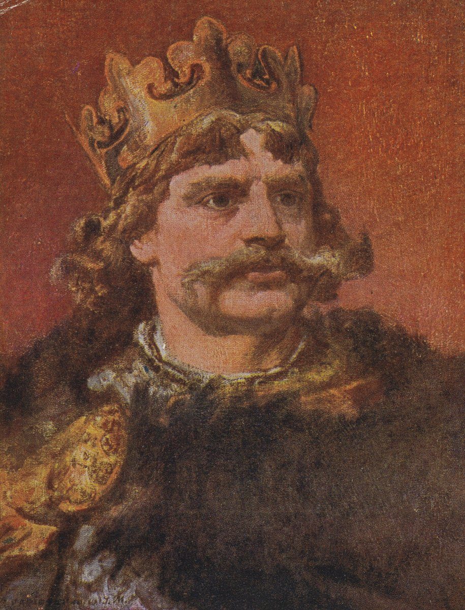 Bolesław Chrobry w poczcie Jana Matejki — w 1025 r. koronowany na pierwszego króla Polski. Umocnił i rozszerzył państwo, zdobywając pełną niezależność od cesarstwa. · źródło: Jan Matejko, Wikimedia Commons, domena publiczna