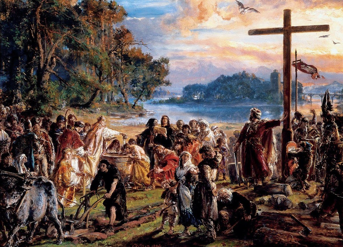 „Zaprowadzenie chrześcijaństwa R.P. 965” Jana Matejki. Chrzest Mieszka I w 966 r. włączył Polskę do łacińskiego kręgu cywilizacyjnego i wzmocnił pozycję władcy. · źródło: Jan Matejko, Wikimedia Commons, domena publiczna