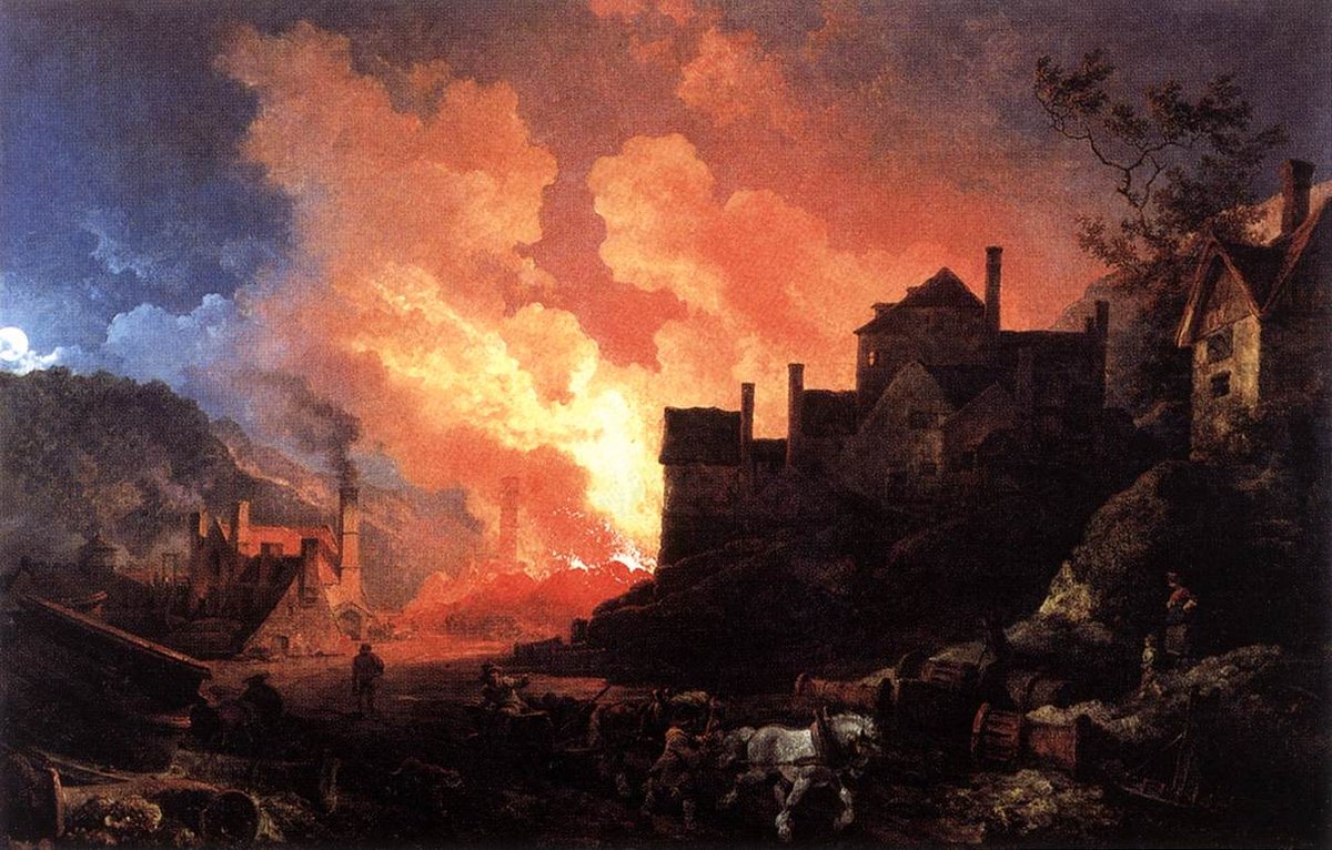 „Coalbrookdale nocą” (Philip de Loutherbourg, 1801) — łuna pieców hutniczych nad doliną. Industrializacja przyniosła rozwój, ale i zanieczyszczenie oraz przeobrażenie środowiska. · źródło: Philip de Loutherbourg, Wikimedia Commons, domena publiczna