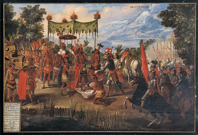 Spotkanie Hernána Cortésa z Montezumą (malarstwo meksykańskie, XVII w.). Konkwista przyniosła upadek imperiów Azteków i Inków oraz zagładę milionów rdzennych mieszkańców. · źródło: artyści meksykańscy, Wikimedia Commons, domena publiczna