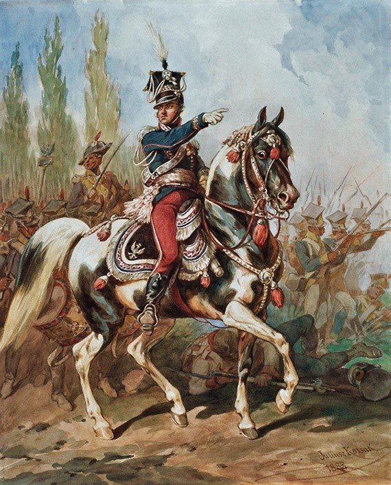 Generał Jan Henryk Dąbrowski na czele Legionów Polskich we Włoszech (Juliusz Kossak). Polacy walczyli u boku Napoleona, licząc na odbudowę niepodległej Polski. · źródło: Juliusz Kossak, Wikimedia Commons, domena publiczna