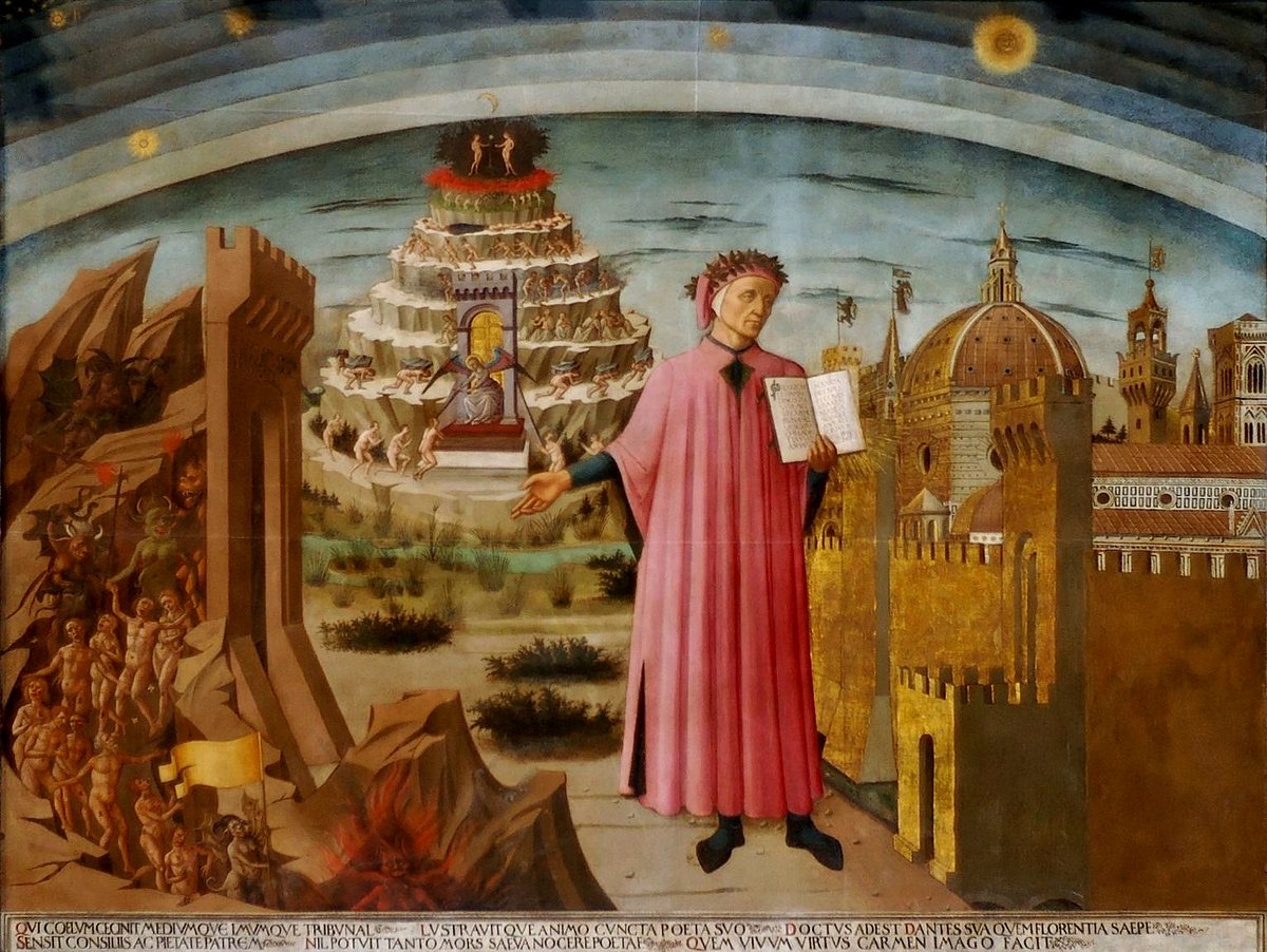 Dante Alighieri ze swoją „Boską Komedią” (fresk Domenica di Michelino, katedra we Florencji). Napisana po włosku, nie po łacinie, otworzyła drogę literaturze w językach narodowych. · źródło: Domenico di Michelino, Wikimedia Commons, domena publiczna