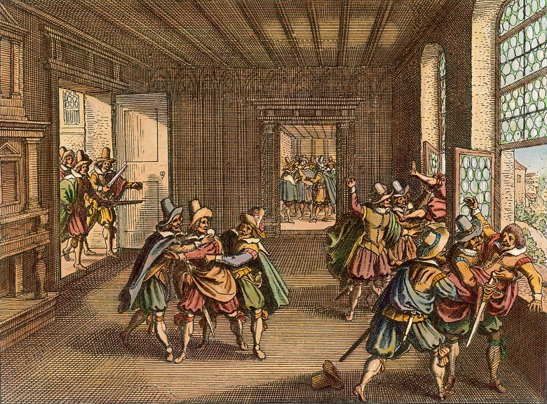 Druga defenestracja praska (1618) — wyrzucenie cesarskich urzędników z okien zamku na Hradczanach. Iskra, od której wybuchła wojna trzydziestoletnia. · źródło: Matthäus Merian, Wikimedia Commons, domena publiczna