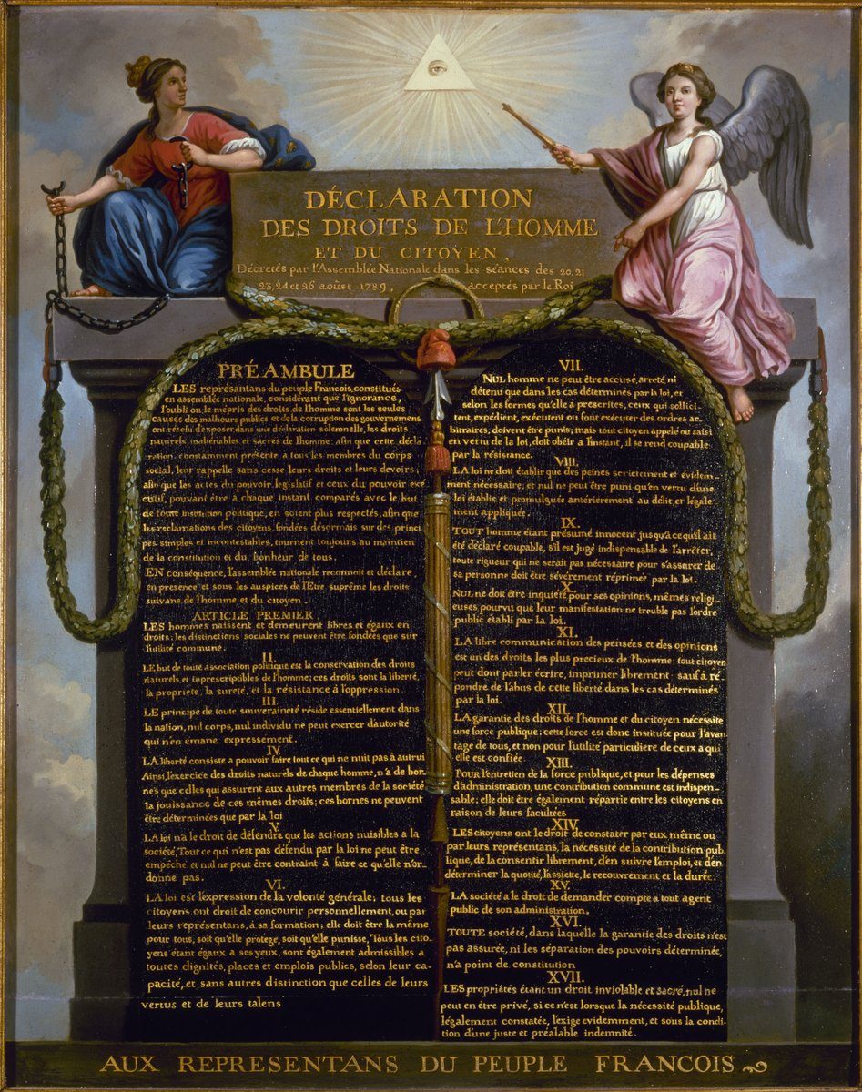 Deklaracja Praw Człowieka i Obywatela (1789) — plansza alegoryczna Le Barbiera. Głosiła wolność, równość wobec prawa i suwerenność narodu — fundament nowoczesnych demokracji. · źródło: Jean-Jacques-François Le Barbier, Wikimedia Commons, domena publiczna
