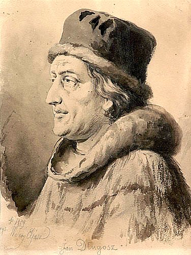 Jan Długosz (rycina Walerego Eljasza-Radzikowskiego) — kanonik krakowski, autor „Roczników”, pierwszy polski historyk krytycznie sięgający do dokumentów i źródeł. · źródło: Walery Eljasz-Radzikowski, Wikimedia Commons, domena publiczna