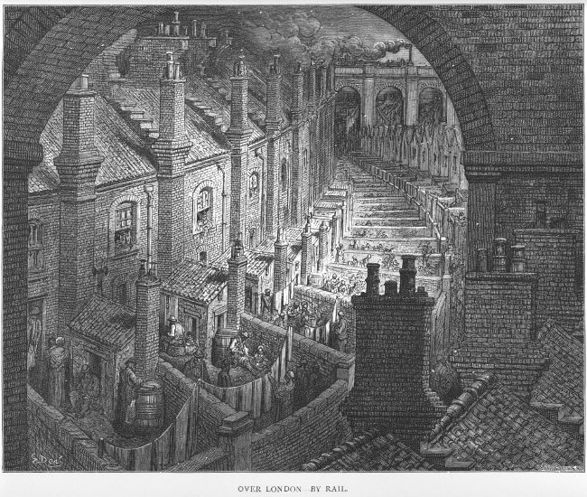 „Nad Londynem koleją” Gustave’a Doré (1872) — ciasne kamienice czynszowe pod łukami kolejowymi. Gwałtowna urbanizacja stworzyła przeludnione, biedne dzielnice robotnicze. · źródło: Gustave Doré, Wikimedia Commons, domena publiczna