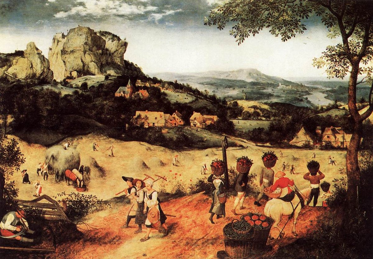 Praca chłopów na roli (Pieter Bruegel Starszy, „Sianokosy”, 1565). W XVI w. polska szlachta rozwijała folwarki pańszczyźniane nastawione na eksport zboża. · źródło: Pieter Bruegel Starszy, Wikimedia Commons, domena publiczna