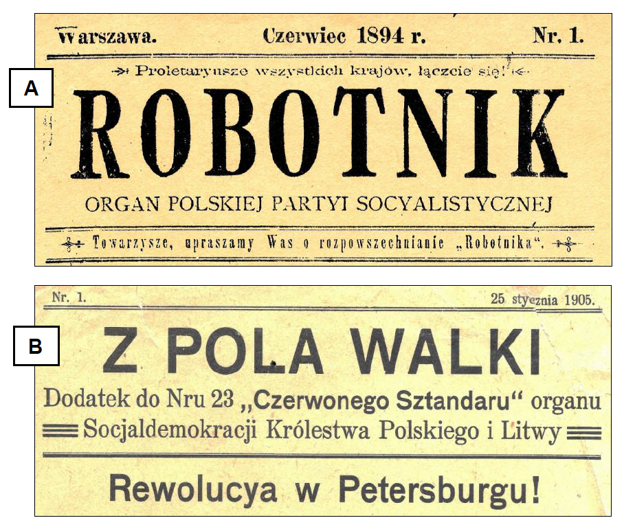 Zadanie 16 (strony tytułowe czasopism A i B) · „Historia Polskiego Rewolucyjnego Ruchu Robotniczego, Warszawa 1975, faksymile" · CKE · dozwolony użytek (art. 27 pr. aut.)