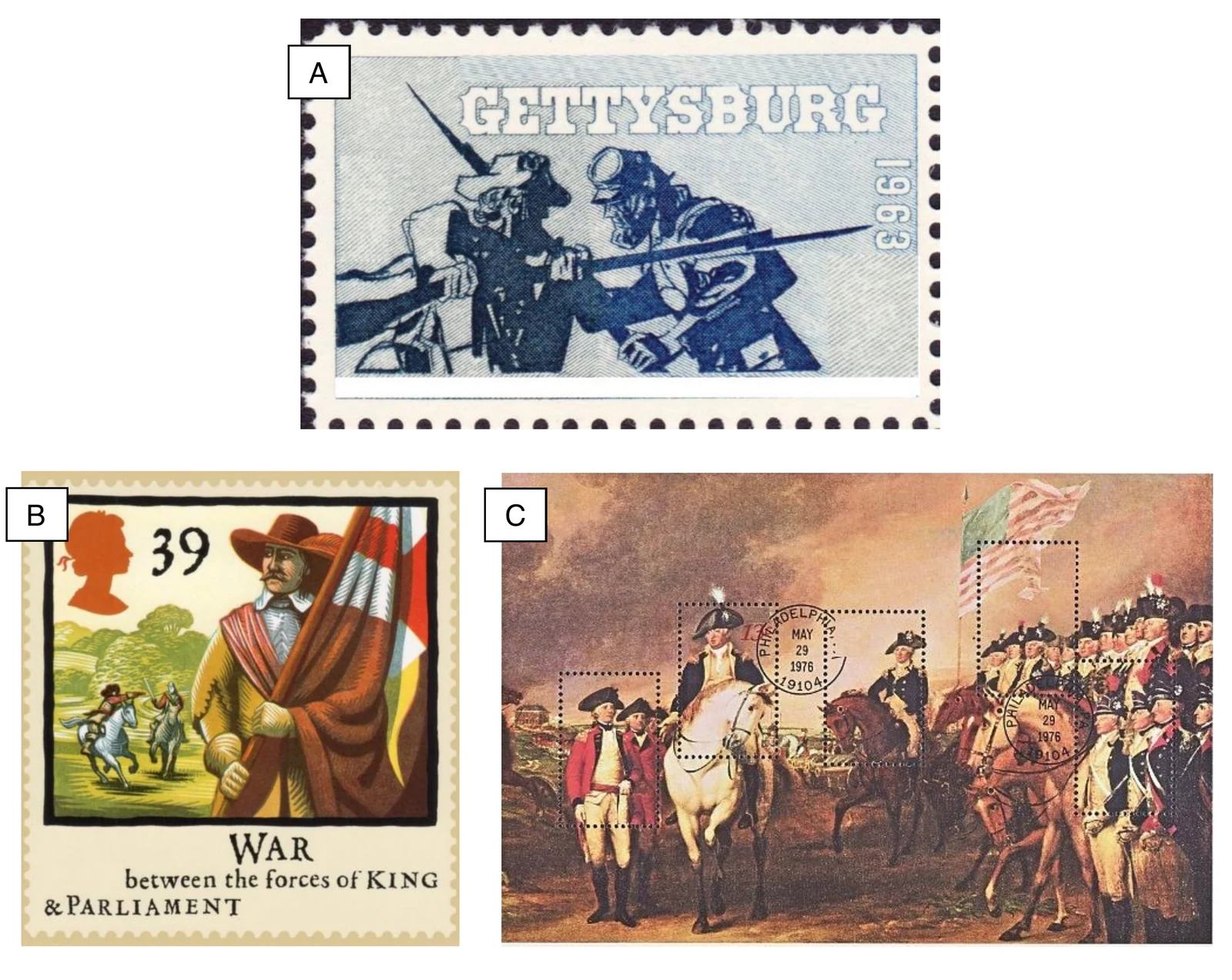 Historia R, matura 2026 CKE (maj) — Zadanie 13 (znaczki A–C) · Arkusz CKE maj 2026; podpis: „Na podstawie: stamps.org; pl.wikipedia.org; www.collectgbstamps" · CKE · dozwolony użytek (art. 27 pr. aut.)