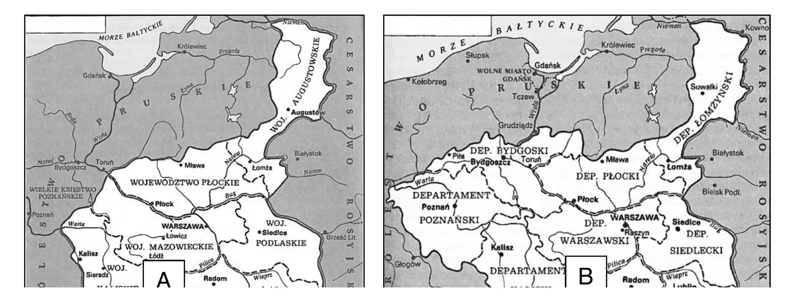 Historia R, matura próbna 2026 CKE styczeń — Zadanie 13, mapy A/B · Arkusz CKE styczeń 2026; podpis: H. Samsonowicz i inni, Polska na przestrzeni wieków, Warszawa 2007, s. 389, 402 · CKE · dozwolony użytek (art. 27 pr. aut.)