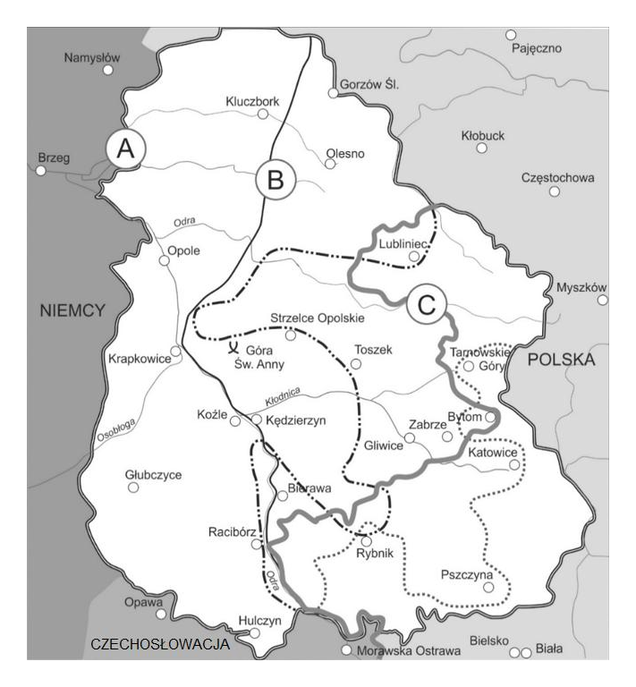 Historia R, matura próbna 2026 CKE styczeń — Zadanie 17 (mapa — Górny Śląsk) · Arkusz CKE styczeń 2026; podpis: „Na podstawie: https://muzeum.bielsko.pl" · CKE · dozwolony użytek (art. 27 pr. aut.)