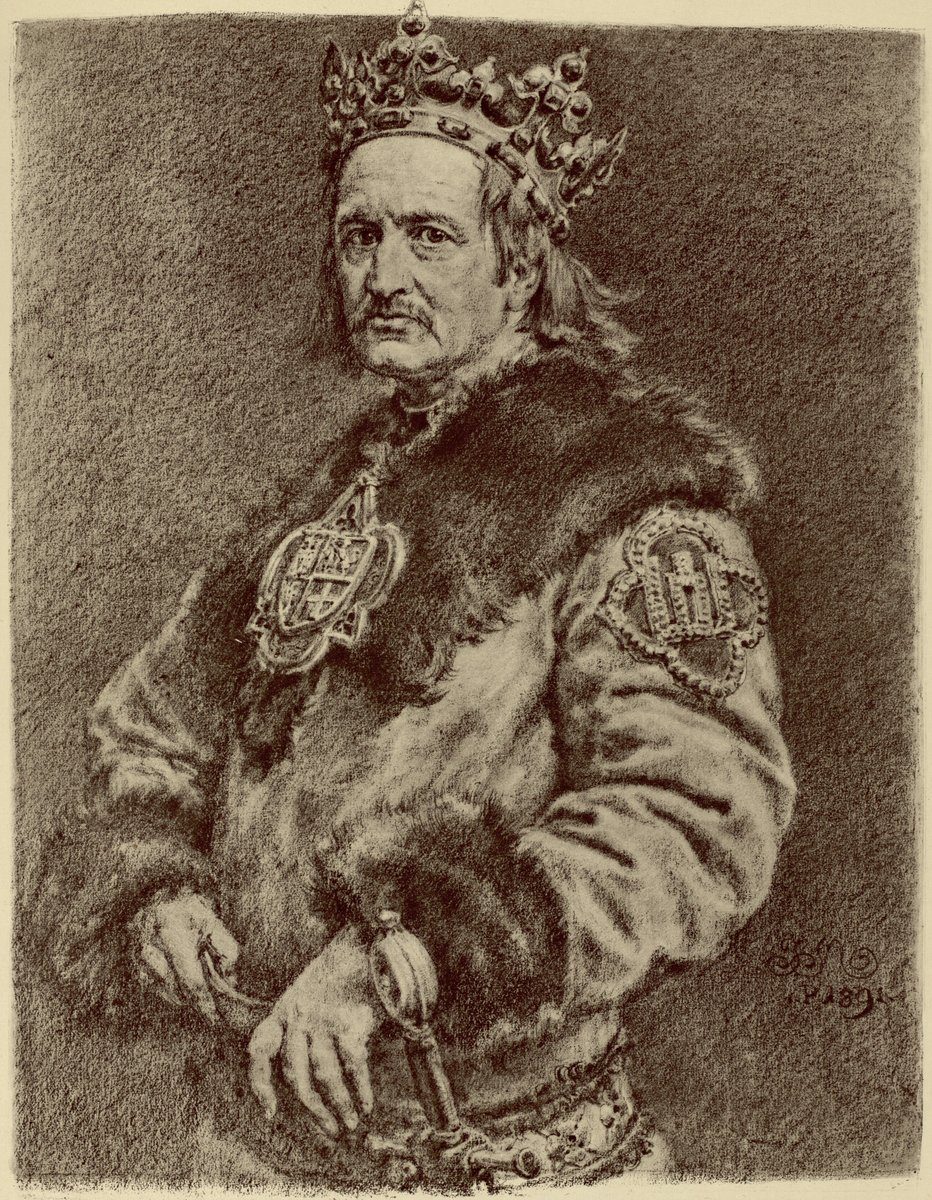 Władysław II Jagiełło w poczcie Jana Matejki. Wielki książę litewski, który przyjął chrzest, poślubił Jadwigę i jako król Polski zapoczątkował dynastię Jagiellonów. · źródło: Jan Matejko, Wikimedia Commons, domena publiczna