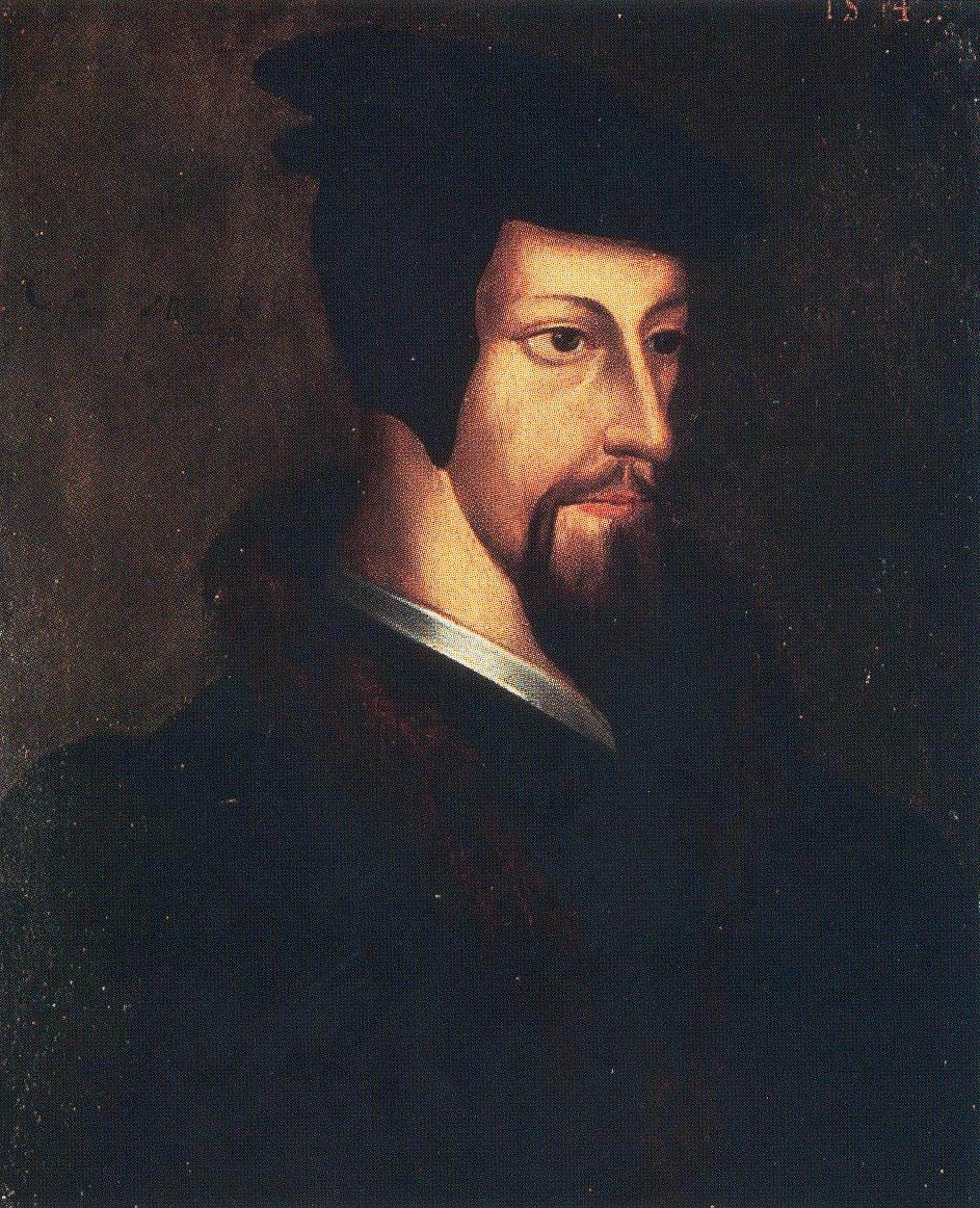 Jan Kalwin — portret z XVI w. (szkoła flamandzka). Twórca doktryny predestynacji; jego nurt reformacji ukształtował Genewę i rozszerzył się na Europę Zachodnią. · źródło: szkoła flamandzka, Wikimedia Commons, domena publiczna