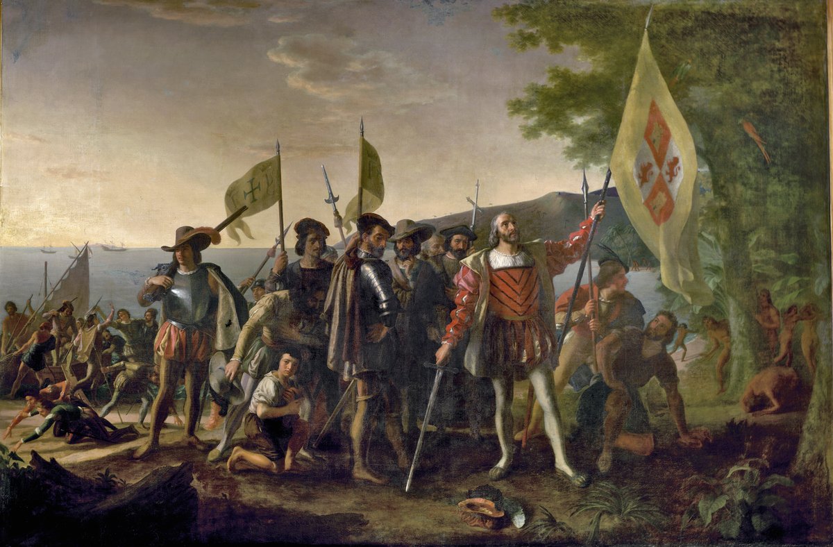 Lądowanie Krzysztofa Kolumba w Ameryce (1492) — obraz Johna Vanderlyna. Wyprawa pod banderą Hiszpanii zapoczątkowała europejską ekspansję za ocean. · źródło: John Vanderlyn, Wikimedia Commons, domena publiczna