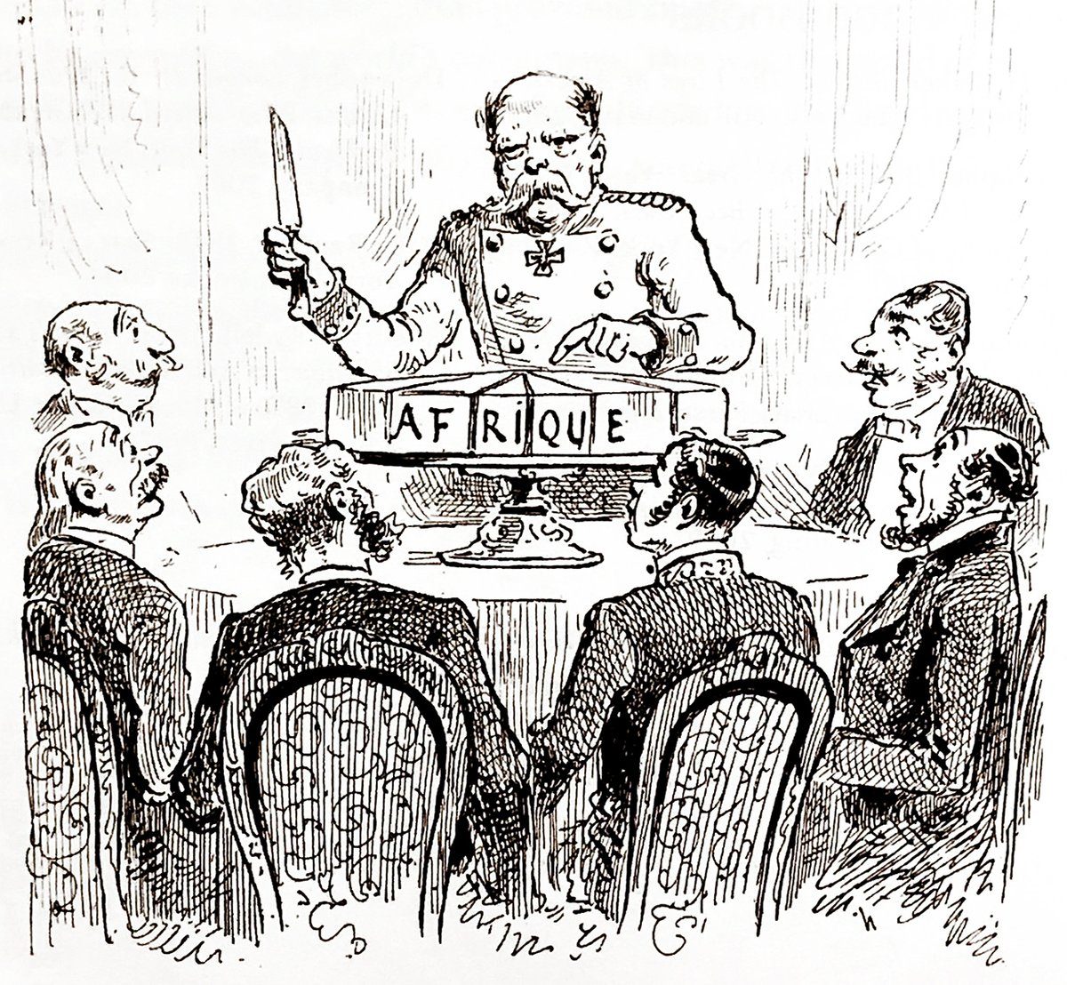 Karykatura „tortu afrykańskiego” (1885) — mocarstwa dzielą Afrykę przy stole konferencji berlińskiej, nie pytając mieszkańców kontynentu o zdanie. · źródło: L’Illustration, Wikimedia Commons, CC0