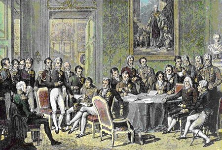 Kongres wiedeński 1814–1815 (rycina wg Jeana-Baptiste’a Isabeya). Przywódcy zwycięskich mocarstw zebrali się, by ułożyć nowy porządek Europy po Napoleonie. · źródło: Jean-Baptiste Isabey, Wikimedia Commons, domena publiczna