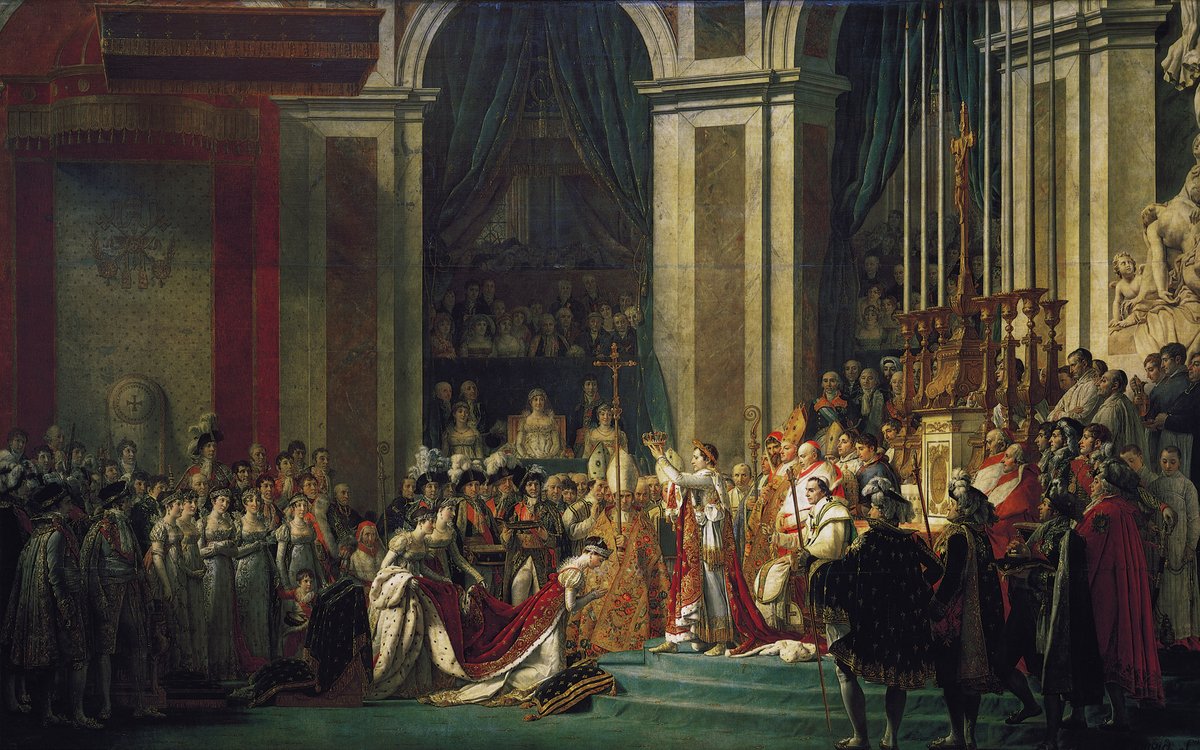 „Koronacja Napoleona” Jacques-Louisa Davida (1807). Napoleon sam włożył sobie cesarską koronę — gest symbolizujący, że władzę zawdzięcza nie Bogu ani papieżowi, lecz sobie. · źródło: Jacques-Louis David, Wikimedia Commons, domena publiczna