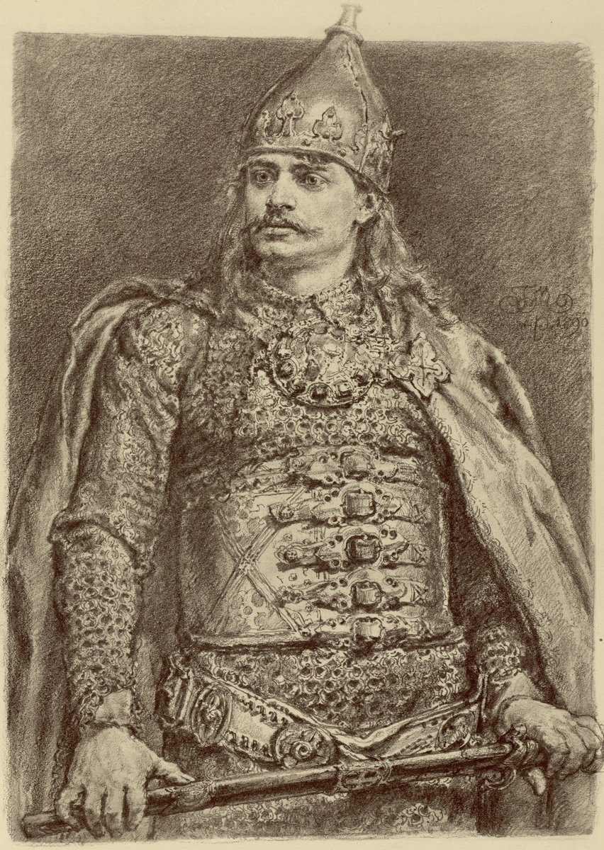 Bolesław Krzywousty w poczcie Jana Matejki. Jego testament z 1138 r. podzielił Polskę między synów, otwierając okres rozbicia dzielnicowego. · źródło: Jan Matejko, Wikimedia Commons, domena publiczna