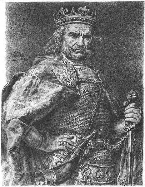 Władysław Łokietek w poczcie Jana Matejki. Niski wzrostem, ale wytrwały — w 1320 r. koronował się w Krakowie, scalając rozbite dzielnice w jedno królestwo. · źródło: Jan Matejko, Wikimedia Commons, domena publiczna
