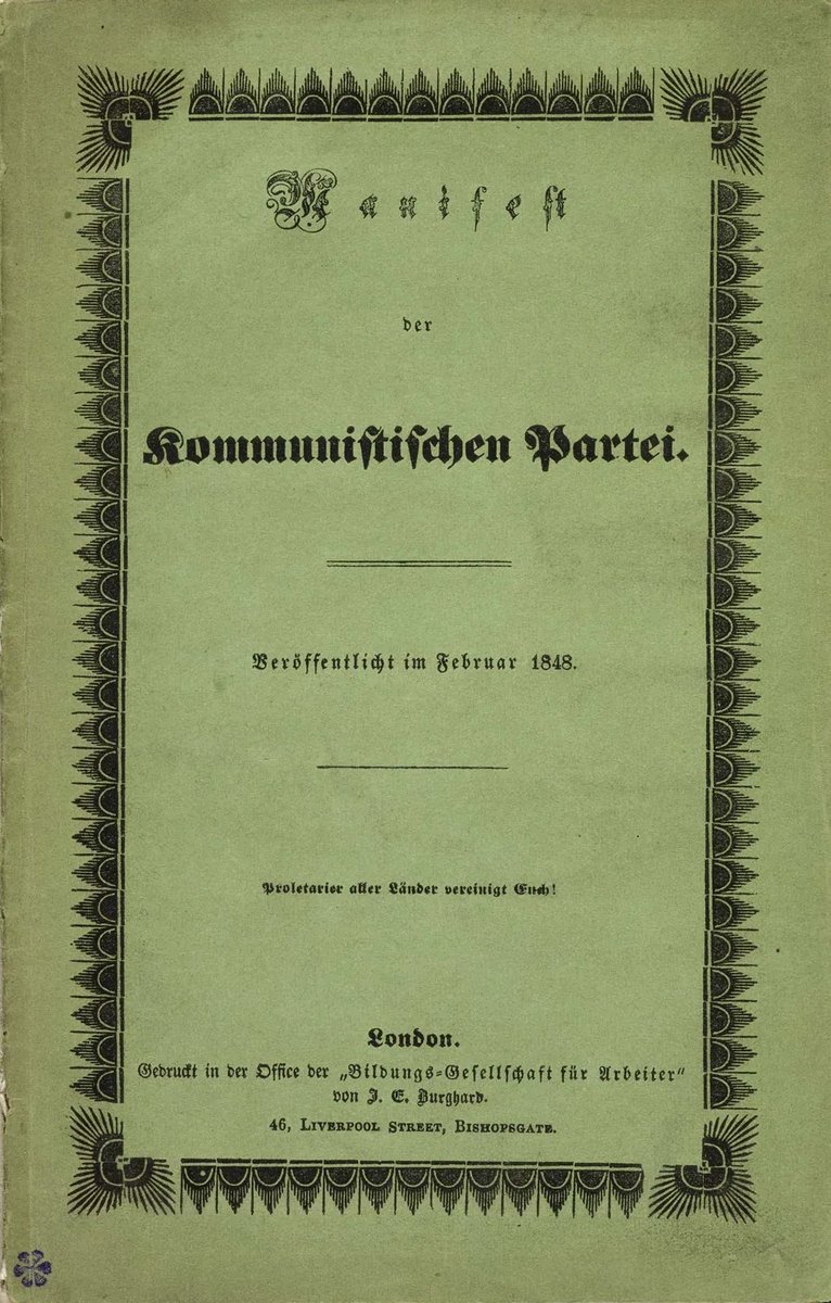 Strona tytułowa pierwszego wydania „Manifestu komunistycznego” (1848). „Widmo krąży po Europie — widmo komunizmu” — od tych słów rozpoczyna się tekst Marksa i Engelsa. · źródło: Marks i Engels, Wikimedia Commons, domena publiczna
