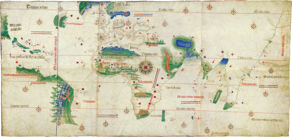 Planisfera z Cantino (1502) — najstarsza zachowana mapa ukazująca portugalskie i hiszpańskie odkrycia. Postęp w kartografii i żeglarstwie umożliwił dalekie wyprawy. · źródło: anonimowy kartograf portugalski, Wikimedia Commons, domena publiczna