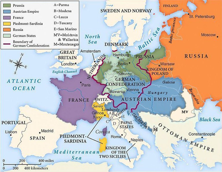 Mapa Europy po kongresie wiedeńskim (1815). Mocarstwa przekreśliły zdobycze napoleońskie i przywróciły dawne dynastie, kierując się zasadą równowagi sił. · źródło: wg Putzgera, Wikimedia Commons, domena publiczna