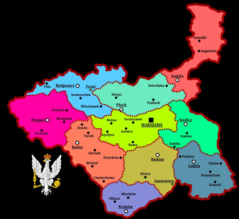 Podział administracyjny Księstwa Warszawskiego (1807–1815). Napoleon utworzył jedynie niewielkie, zależne państewko — nie pełną, niepodległą Polskę, o jaką liczyli Polacy. · źródło: Ciastkoo, Wikimedia Commons, CC BY 4.0