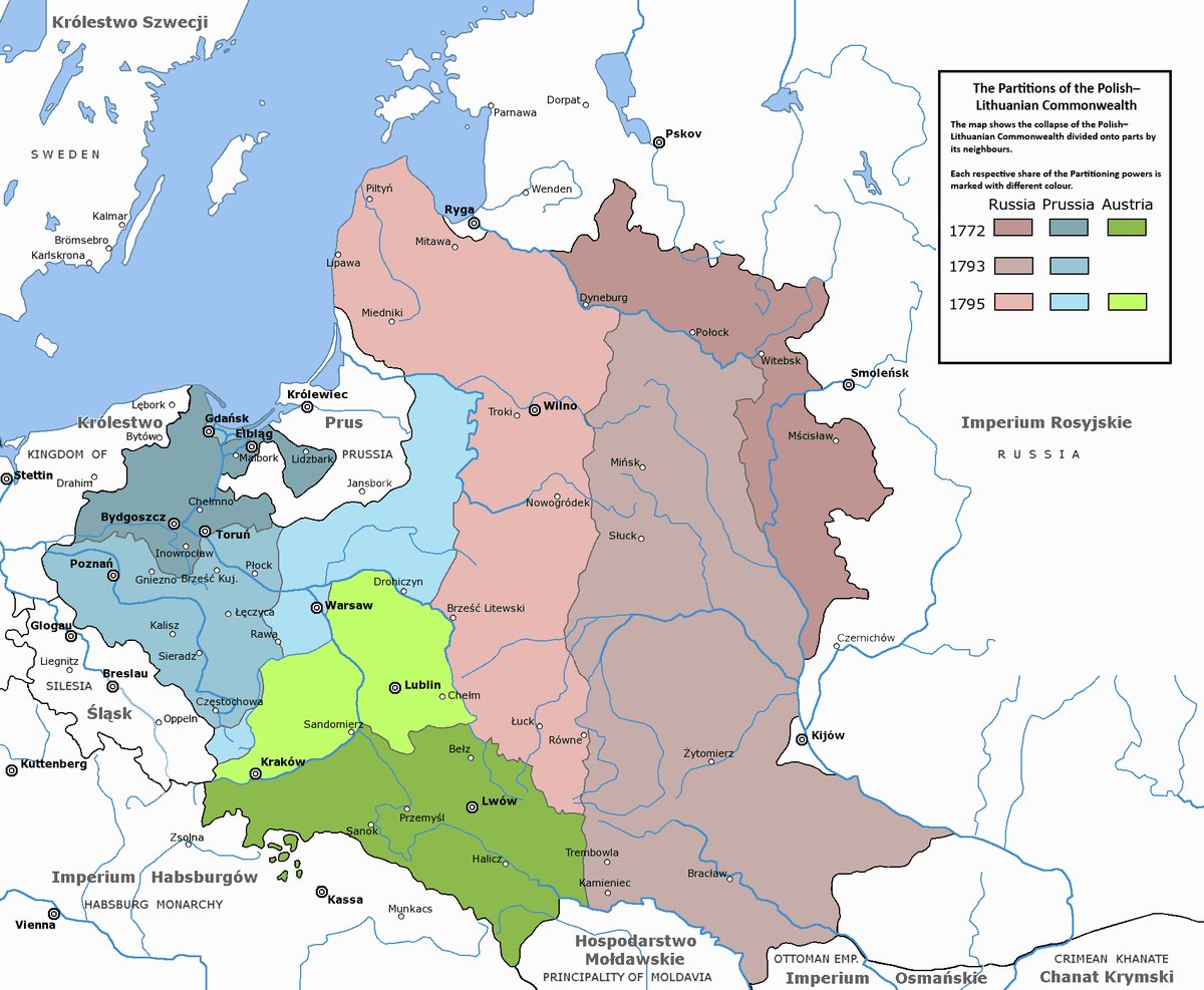 Trzy rozbiory Rzeczypospolitej (1772, 1793, 1795) — ziemie polskie podzielone między Rosję, Prusy i Austrię. W 1795 r. Polska zniknęła z mapy Europy na 123 lata. · źródło: Halibutt, Wikimedia Commons, CC BY-SA 3.0