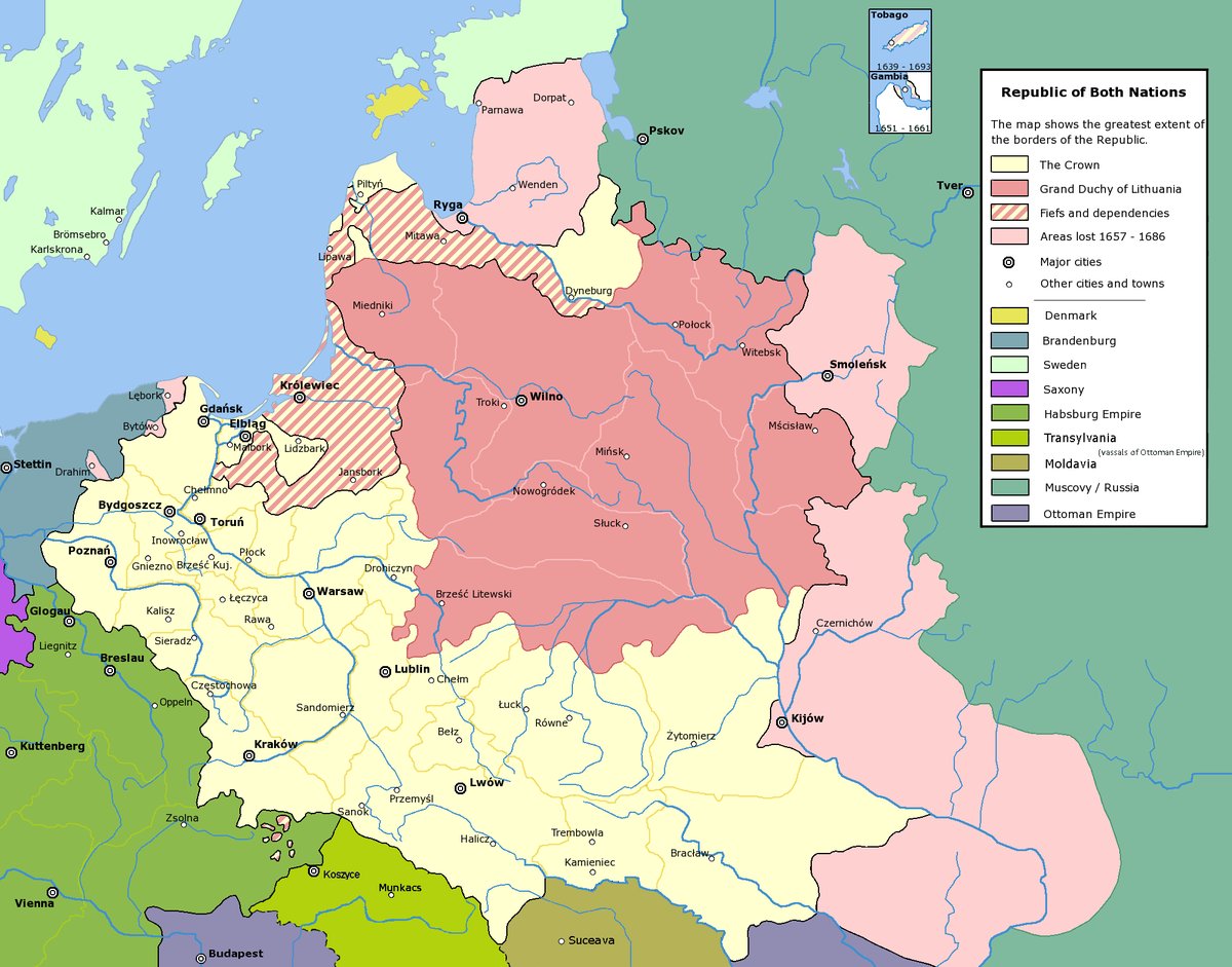 Rzeczpospolita Obojga Narodów po unii lubelskiej — Korona i Wielkie Księstwo Litewskie połączone wspólnym sejmem i królem, lecz z odrębnymi urzędami, skarbem i wojskiem. · źródło: Halibutt, Wikimedia Commons, CC BY-SA 3.0