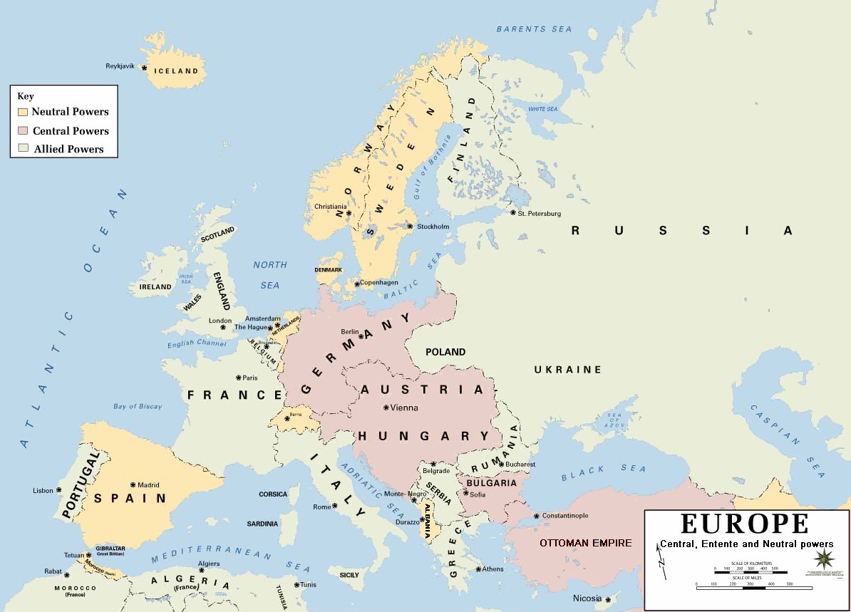 Europa w 1914 r. podzielona na bloki: państwa centralne (Niemcy, Austro-Węgry) i ententę (Francja, Rosja, Wielka Brytania). Sieć sojuszy sprawiła, że lokalny konflikt wciągnął cały kontynent. · źródło: US Military Academy, Wikimedia Commons, domena publiczna