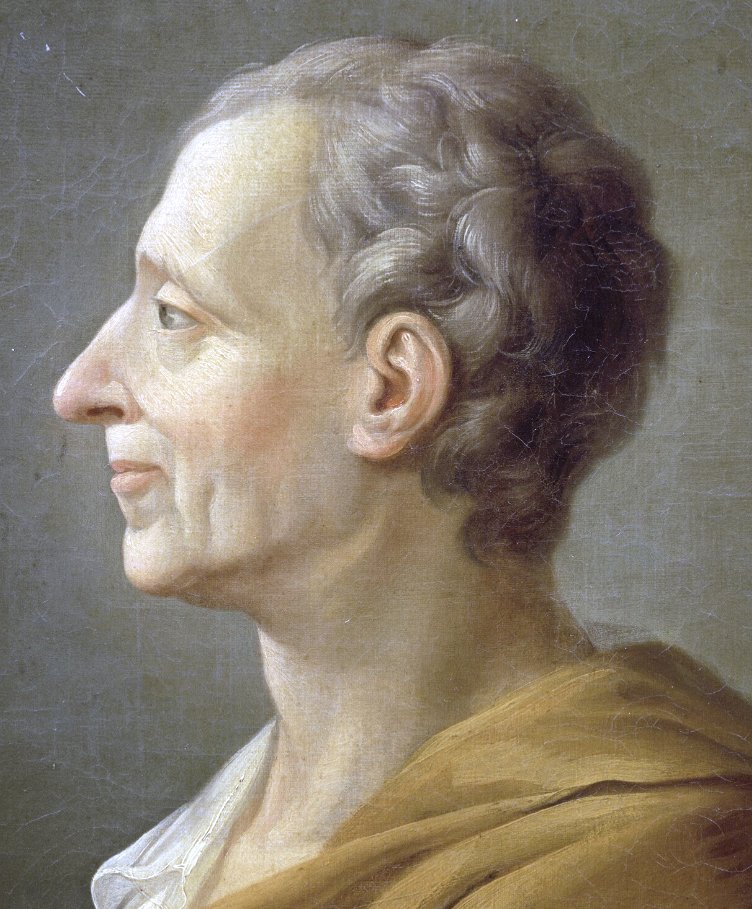 Monteskiusz — autor „O duchu praw” (1748), twórca koncepcji trójpodziału władzy na ustawodawczą, wykonawczą i sądowniczą. · źródło: wg J.-A. Dassiera, Wikimedia Commons, domena publiczna