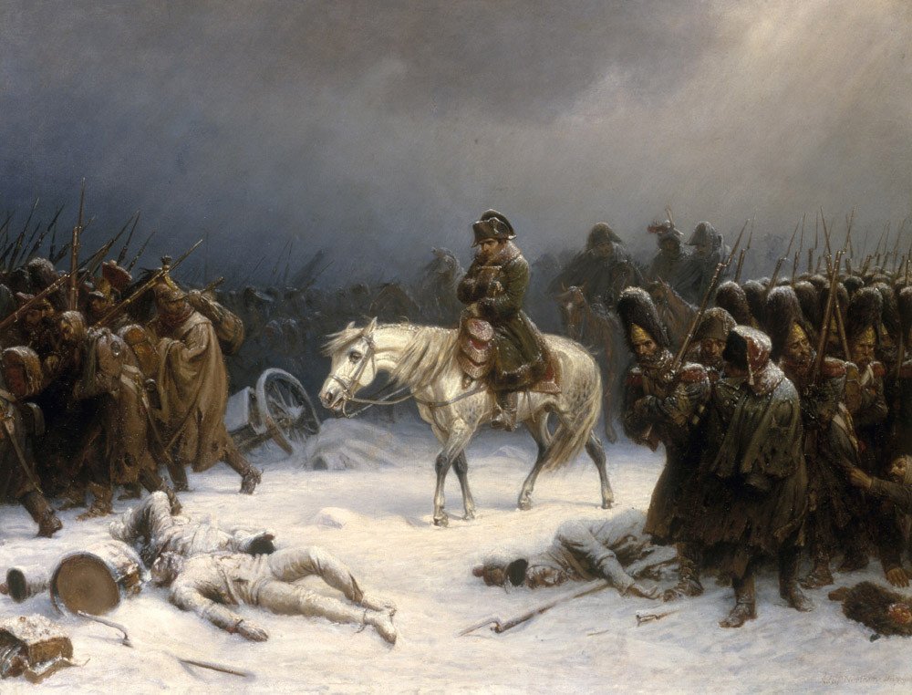 Odwrót Wielkiej Armii z Rosji 1812 (Adolph Northen). Z ponad 600 tys. żołnierzy wróciła garstka — mroźna kampania rosyjska złamała potęgę Napoleona. · źródło: Adolph Northen, Wikimedia Commons, domena publiczna