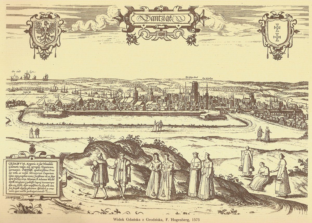 Panorama Gdańska z 1573 r. (miedzioryt Fransa Hogenberga). Przez gdański port spławiano Wisłą zboże z całej Rzeczypospolitej do Europy Zachodniej. · źródło: Frans Hogenberg, Wikimedia Commons, domena publiczna
