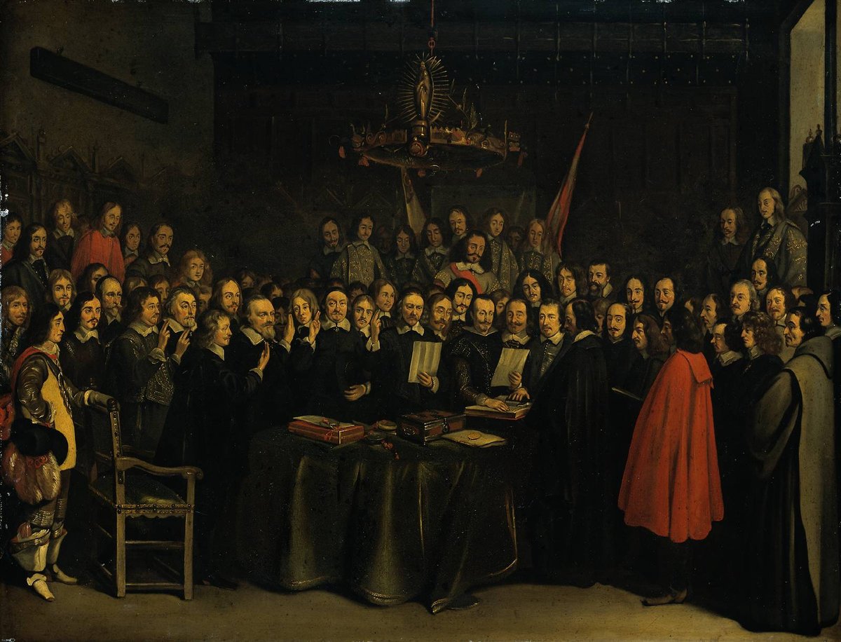 Ratyfikacja pokoju w Münster (Gerard ter Borch, 1648). Pokój westfalski zakończył wojnę trzydziestoletnią i ustanowił nowy ład oparty na suwerenności państw. · źródło: Gerard ter Borch, Wikimedia Commons, domena publiczna