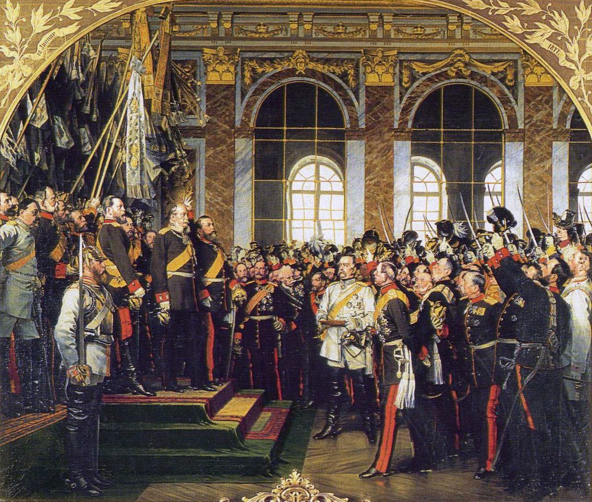 Proklamacja Cesarstwa Niemieckiego w Sali Lustrzanej w Wersalu, 18 stycznia 1871 (Anton von Werner). Zjednoczone Niemcy ogłoszono symbolicznie w sercu pokonanej Francji. · źródło: Anton von Werner, Wikimedia Commons, domena publiczna