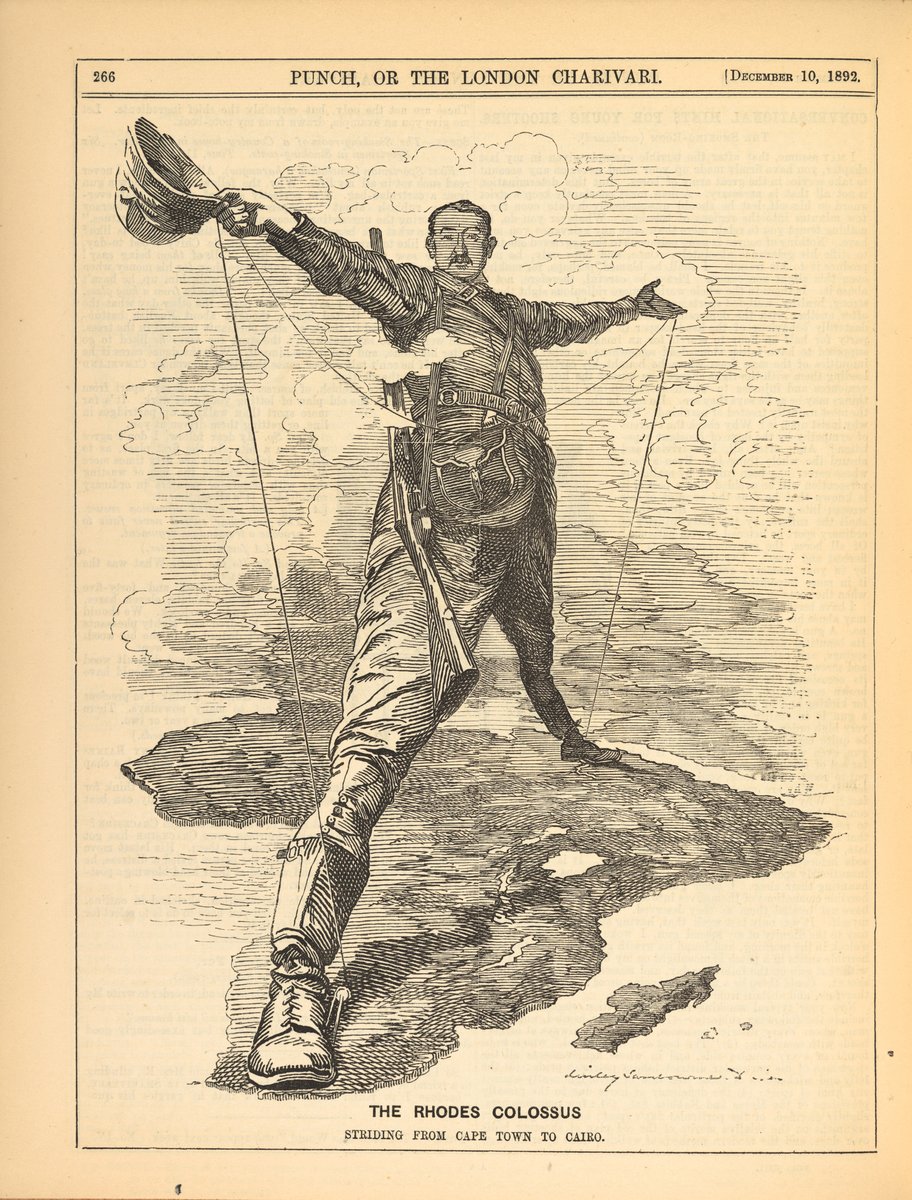 „Kolos Rhodesa” (Punch, 1892) — Cecil Rhodes rozkraczony nad Afryką od Kairu po Przylądek. Karykatura wyśmiewała brytyjskie ambicje kolonialne. · źródło: Edward Linley Sambourne, Wikimedia Commons, domena publiczna