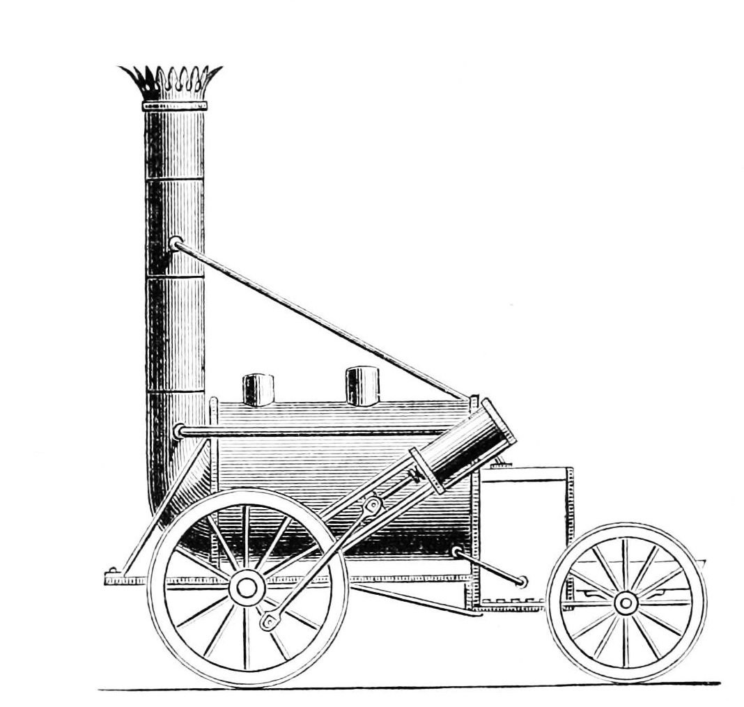 Lokomotywa „Rocket” George’a Stephensona (1829). Kolej żelazna wielokrotnie przyspieszyła i potaniła transport ludzi i towarów, zmieniając gospodarkę i krajobraz. · źródło: Popular Science Monthly, Wikimedia Commons, domena publiczna