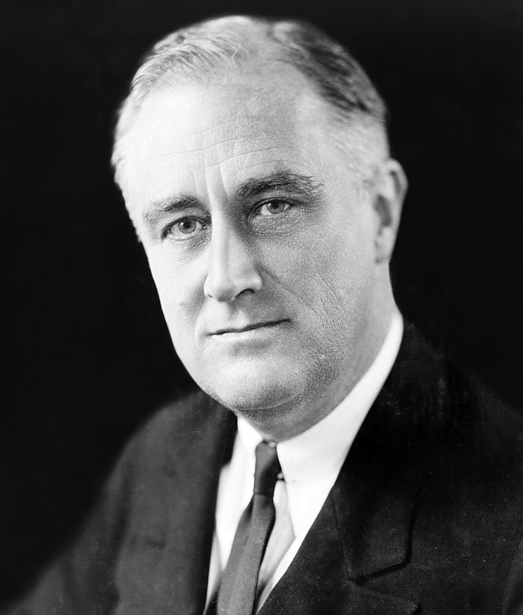 Franklin D. Roosevelt (1933) — prezydent USA, który programem New Deal (roboty publiczne, reformy, pomoc socjalna) wyprowadzał kraj z kryzysu. · źródło: Elias Goldensky, Wikimedia Commons, domena publiczna
