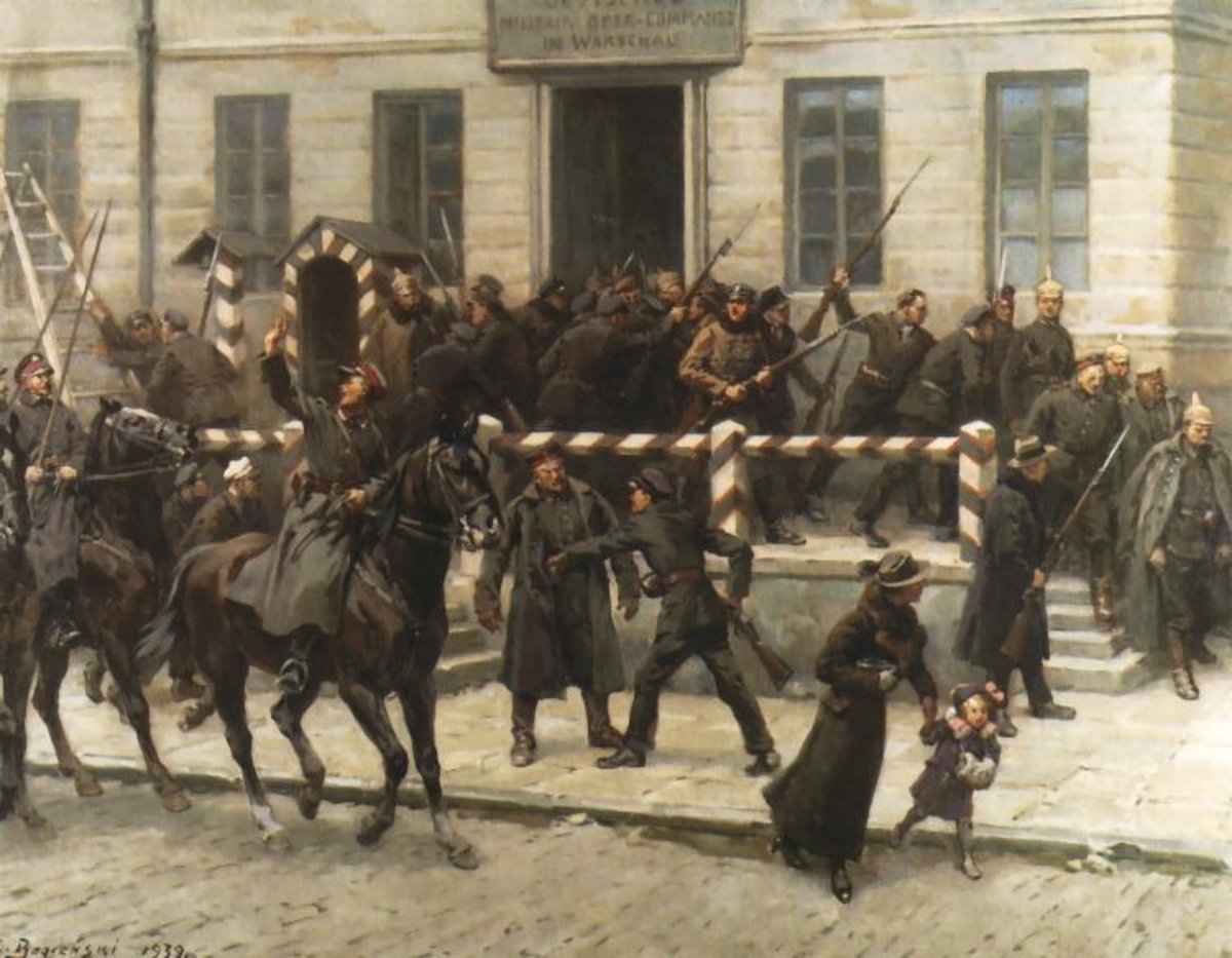 Rozbrajanie Niemców na placu Saskim w Warszawie, listopad 1918 (Stanisław Bagieński). Po 123 latach niewoli Polska odzyskała niepodległość. · źródło: Stanisław Bagieński, Wikimedia Commons, domena publiczna